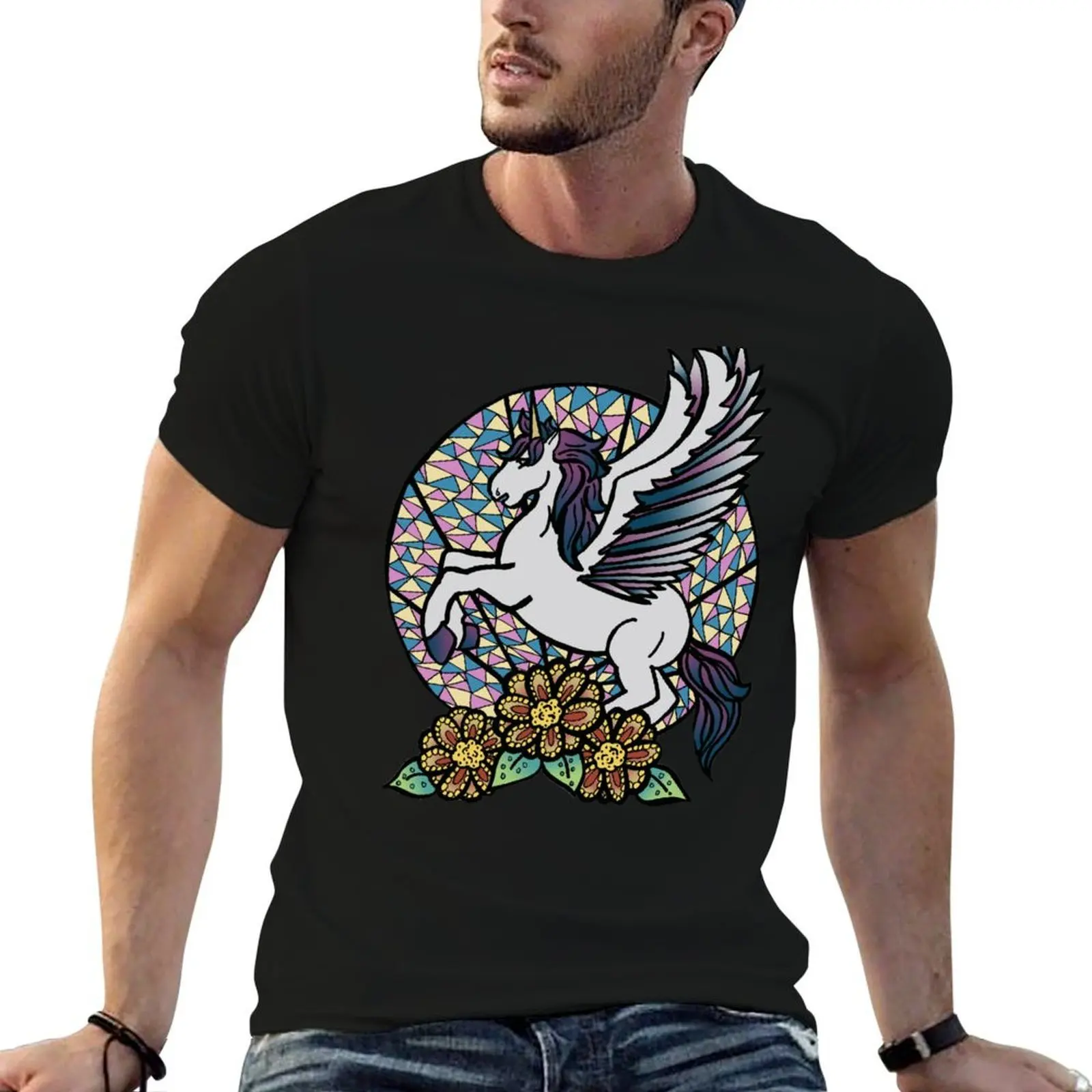 Stained Glass Unicorn T-Shirt anime tshirt mens graphic t shirts t shirt for man T-shirt