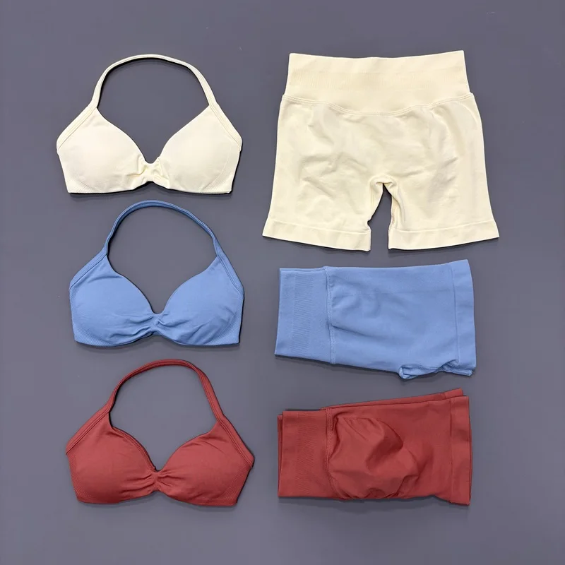 2 Piece Sports Sets Woman Seamless Strappy Bra And Shorts Breathable Sportswear Pilates Yoga Workout Running Fitness Suit