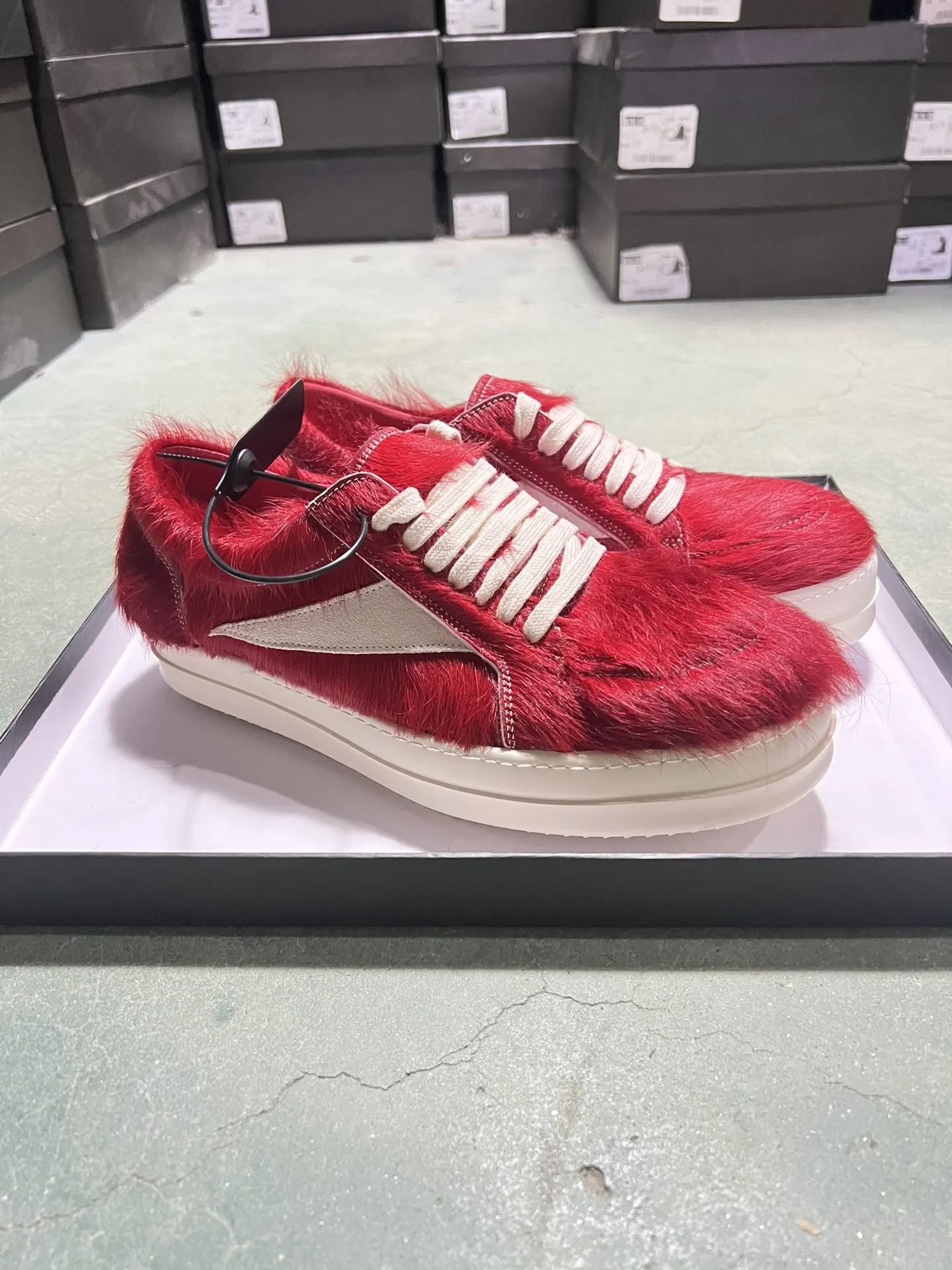 Ricks New Men's Retro Casual Shoes Owens Women shoes Red Horsehair With Outside Off-White Flip Fur Lace-Up Owens Flat Sneakers