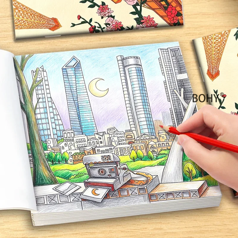 1 Adult Soothing and Stress Relieving Landscape Coloring Album, Featuring Line Drafts of World Landmark Buildings Total 24 Pages