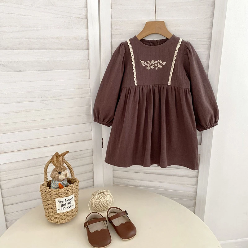 Kinder Mädchen Vintage Kleid Frühling Herbst Gestickte Blumen 2-7Y Kinder Mädchen Prinzessin Kleid Langarm Baumwolle Baby Mädchen Kleid