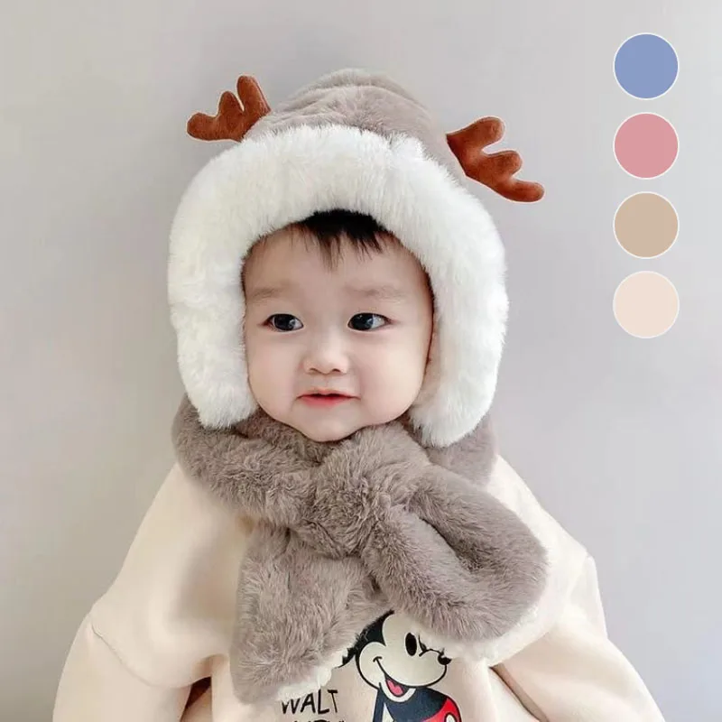 1/3/5PCS Thick Warm Knitted Winter Hat Scarf Combo with Earflap Antler Protection for Kids Boys Girls Toddler Cute