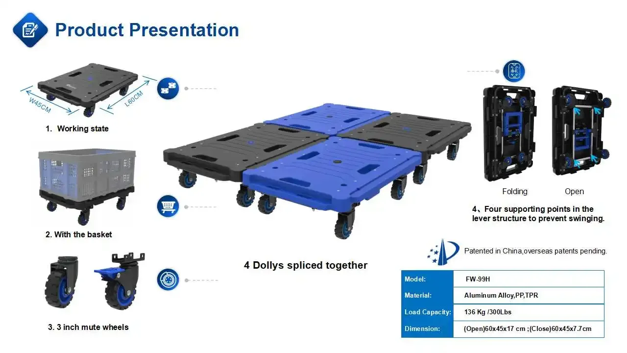 Splicing trolley and trolley with foldable four-wheel 136kg platform trolley FW-99H