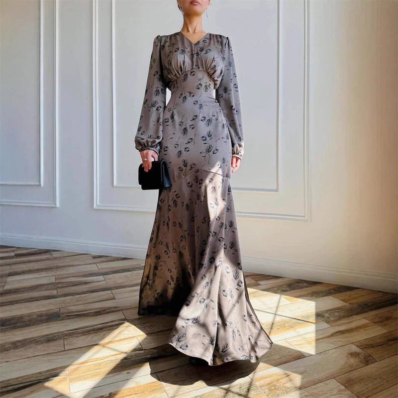 브이넥 플로럴 롱 드레스 여성 패션 긴 소매 허리 조임 하이웨이스트 새틴 맥시 가운 2026 여성 이브닝 파티 드레스