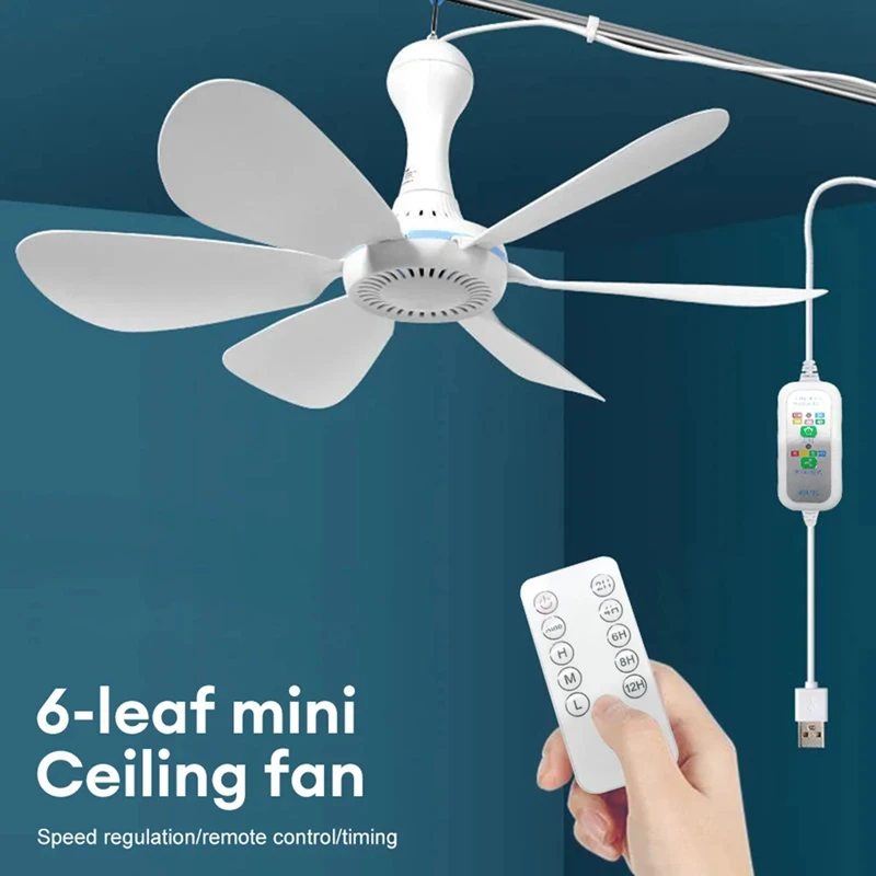 Silent 6 Leaves USB Powered Ceiling Canopy Fan With Remote Control Timing 4 Speed Hanging Fan For Camping Bed Dormitory