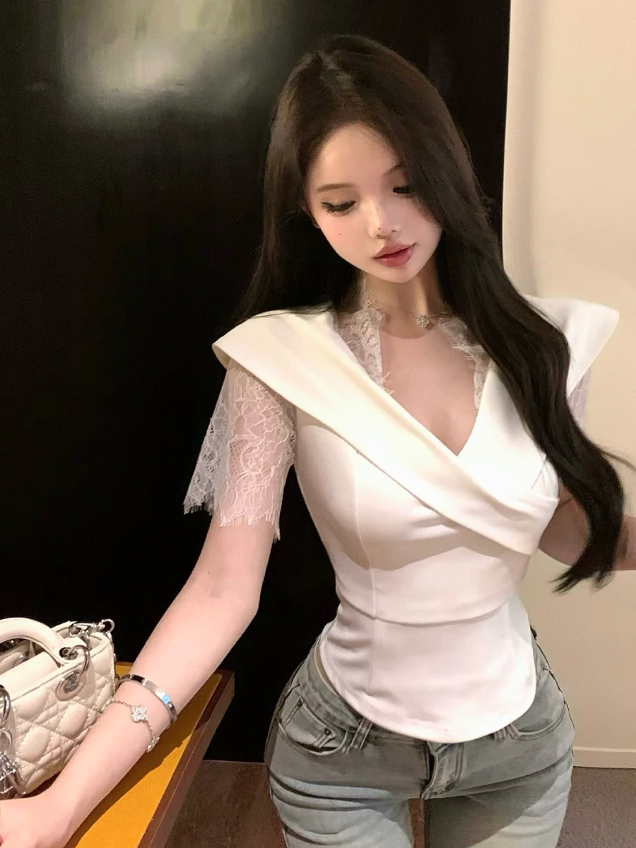 

Sexy Lace Splice oulder Women's irt V-ne Flip Collar Waist-cinching Base Top Pure Desirable Gentle Sle ort Sve