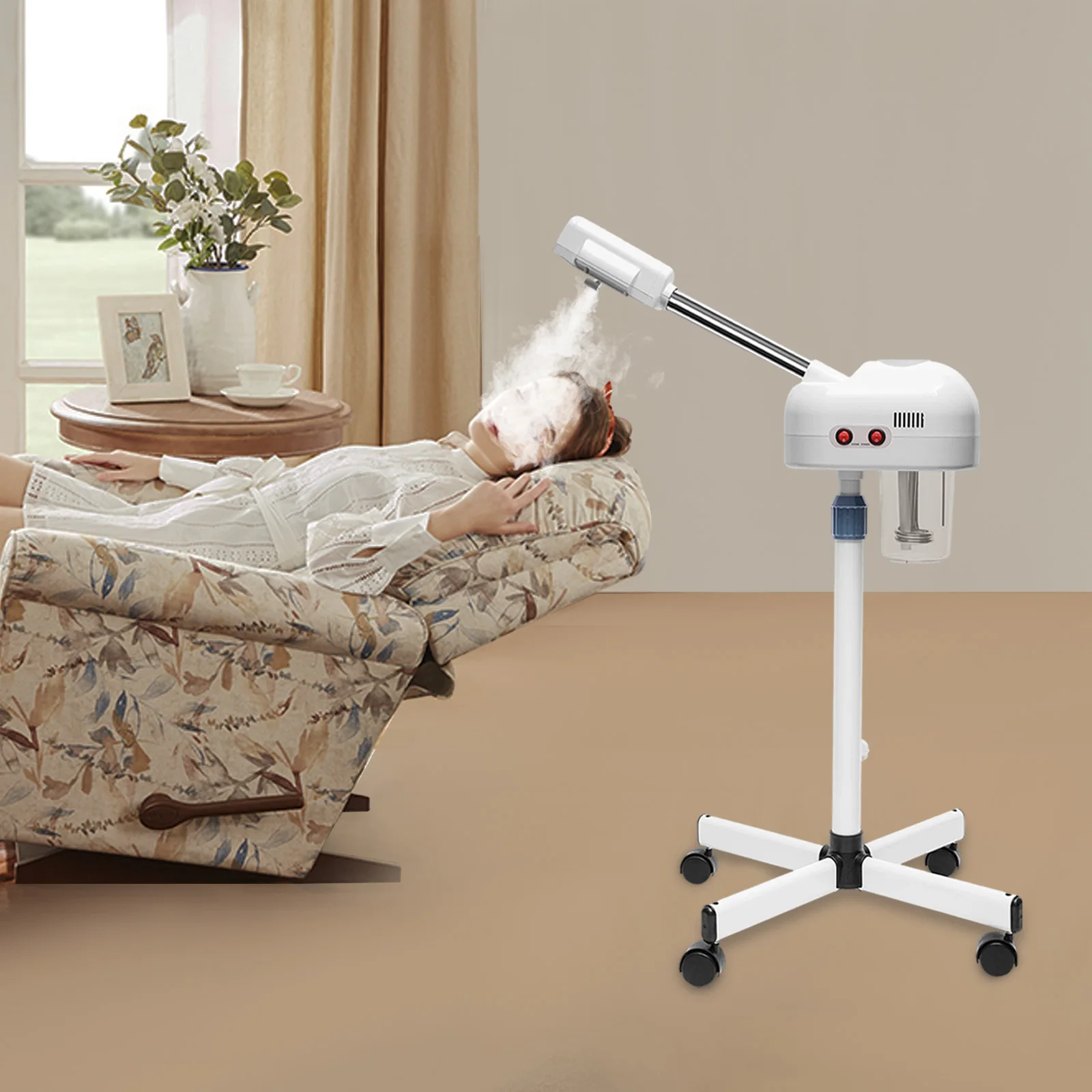 Vaporizador facial de ozono 2 en 1 con soporte con ruedas y boquilla giratoria para limpieza facial profunda, equipo para el cuidado de la piel