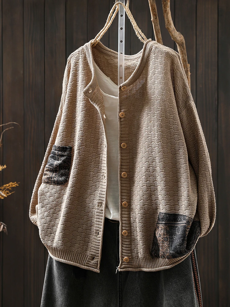 100% algodão feminino manga longa malha cardigan nova chegada 2025 outono estilo vintage o pescoço solto feminino casual blusas m1883