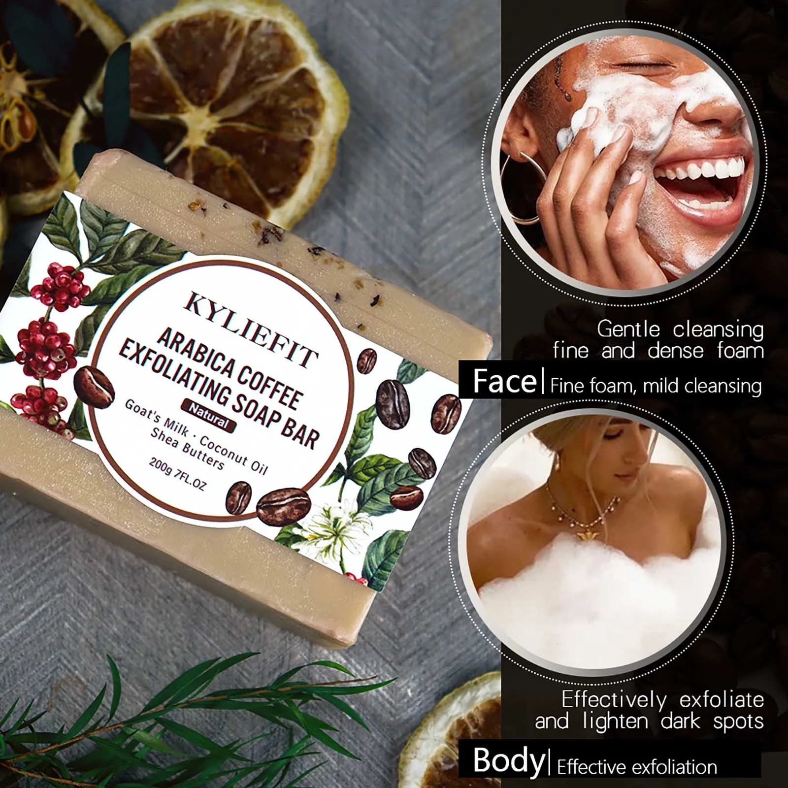 KYLIEFIT Exfoliating Coffee Brighten Soap for Hydrating Elastic Skin, Intense Exfoliation, Visibly Reduces Dark Spots