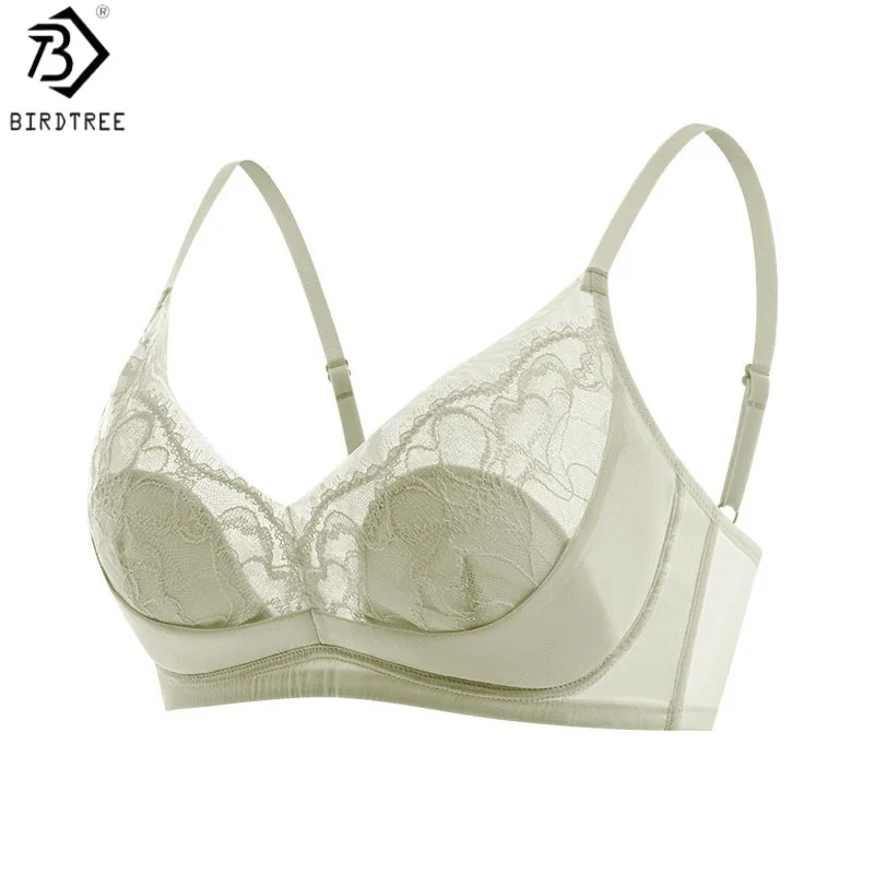 

Бюстгальтер Birdtree, 19 мм, 93% шелк, 7% спандекс, женское атласное беспроводное белье, треугольные чашки, кружевной бюстгальтер с V-образным вырезом, новинка 2026 года A63448JF