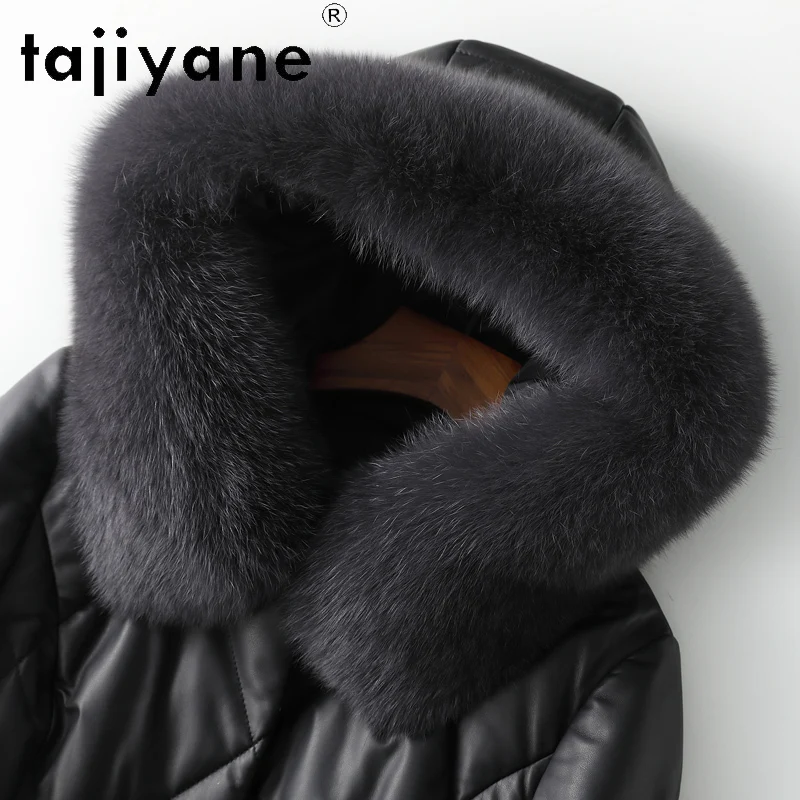 TAJIYANE 100 % erstklassiger Schaffell-Daunenmantel für Damen, schwarz, echtes Leder, lange Pufferjacke, Fuchspelzkragen, 2025, Winterkleidung