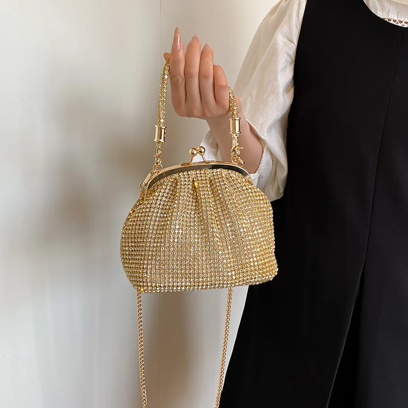 

2025 French Style Crystal Studded Evening Bag Sparkly Rhinestone Clutch Purse Elegant Metal Clip Shoulder Bag for Women