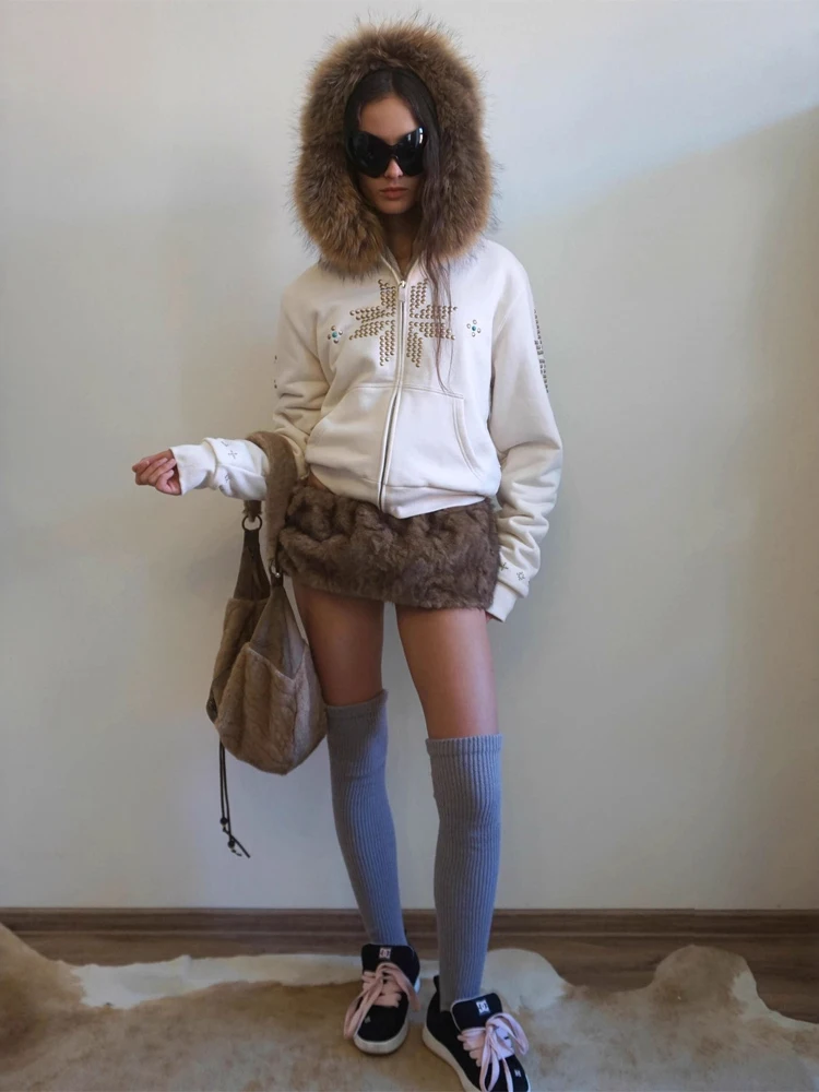 

Куртка-худи Y2K с термостразами и молнией, укороченная, женская, с меховым воротником, свободного кроя, короткая, 2026, повседневная, в стиле Highstreet, верхняя одежда