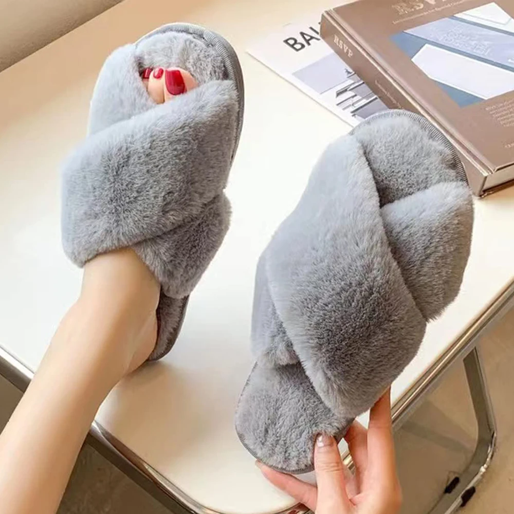 Comwarm Winter Fluffy Fur Slippers Women Fashion Plush Fuzzy Slippers Indoor Open Toe Flats Cotton Shoes House Furry Slippers