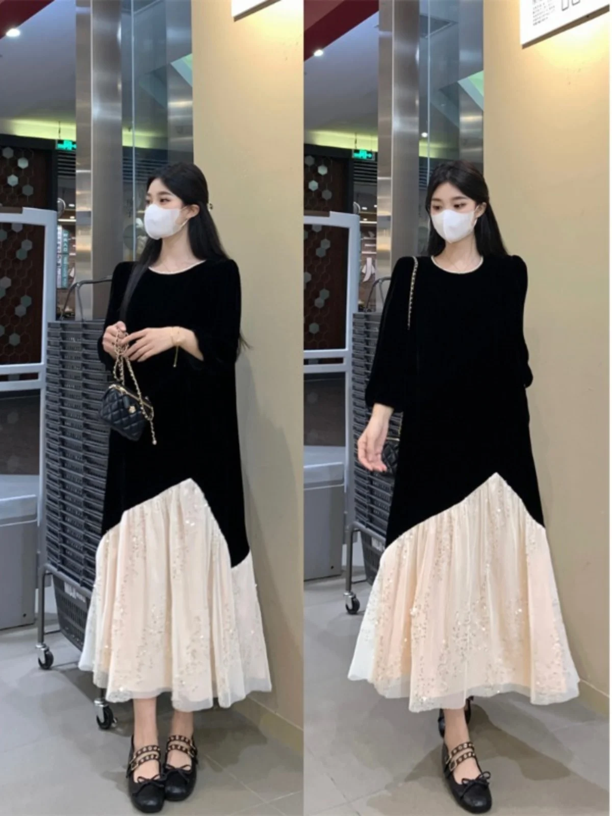 plus Size Hepburn Sle Velvet Dr Women's New 2025 Autumn Ele Little Bla Dr Fat MM Belly Cover Slimming Skirt