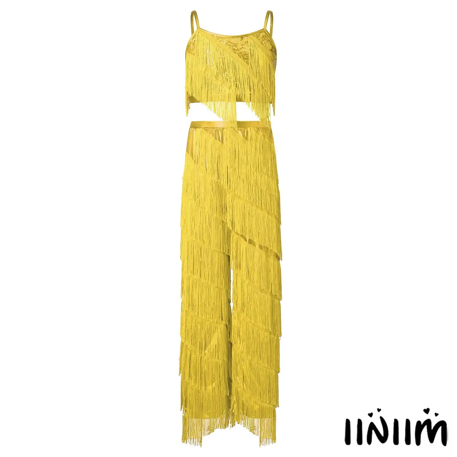 

Girls Latin Dance Set 2 Piece Tassel Camisole Adjustable Spaghetti Straps with Metallic Pants for Salsa Rumba Ballroom Dance