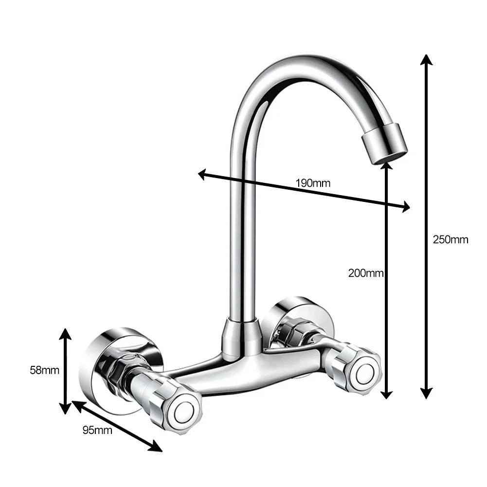 Grifo de cocina montado en la pared, grifería de agua fría y caliente de doble orificio, mezclador de cocina giratorio de 360 °, grifo monomando