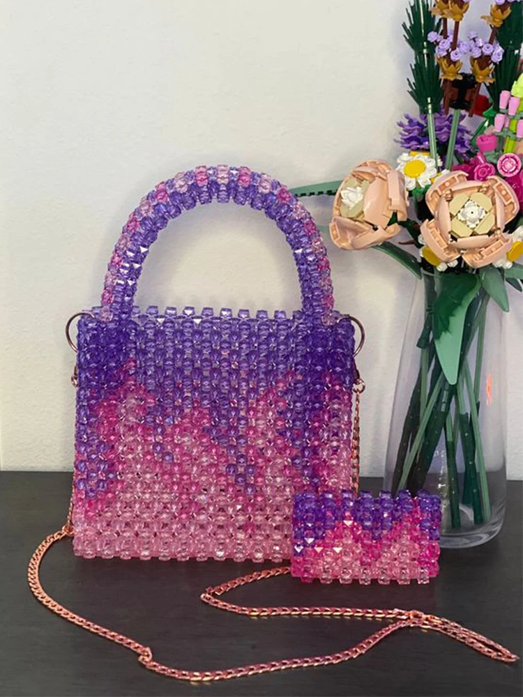 Ladies Bags Handmade Woven Beaded Bags for Women Handbags Multicolor New Fashion Beach Vacation Phone Clutch Party Bags 2024