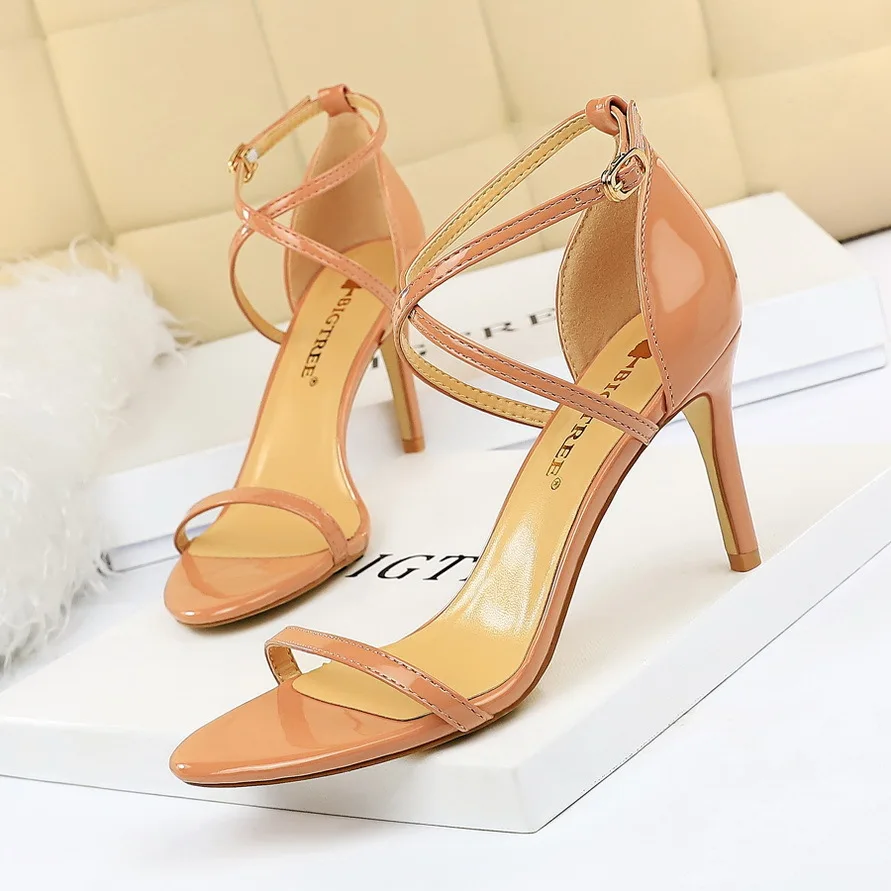 

Fashion Summer Simple Slim High Heels Lacquer Leather Cross Strap Sexy Nightclub Sandals Women Pumps Ladies Shoes туфли женские