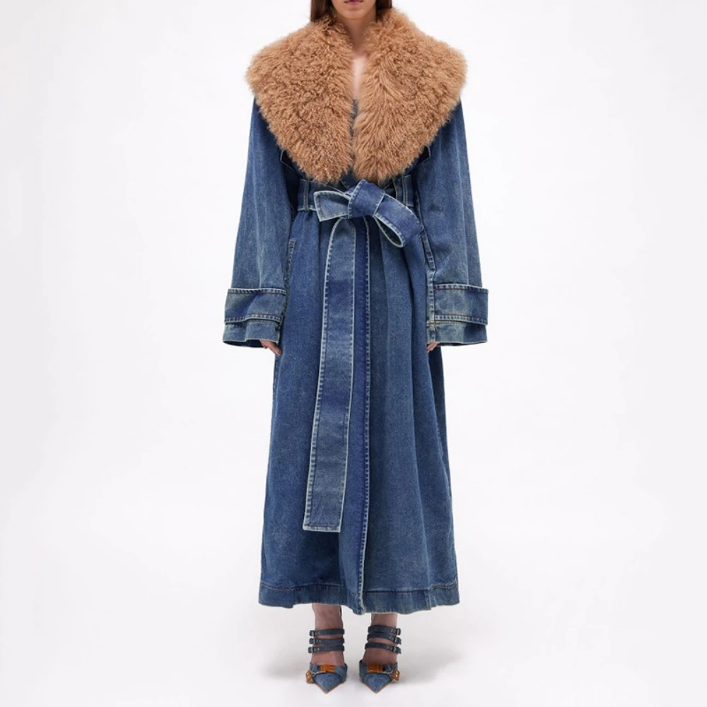 Women's Fashionable Warm Long Denim Trench Coat New High-end Autumn/Winter Design with Detachable Fur Collar