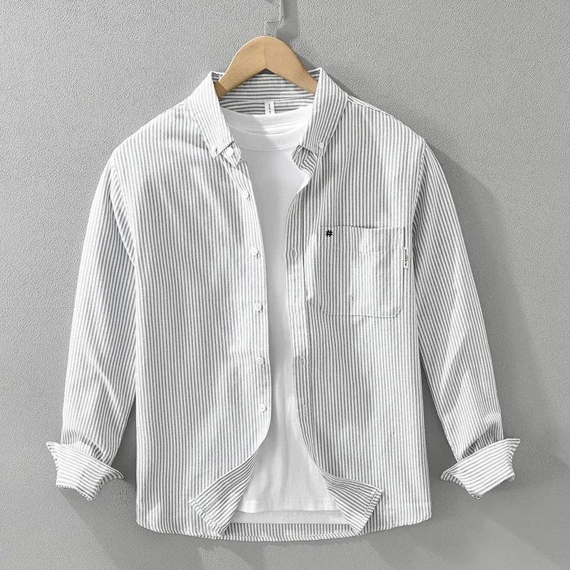 

Striped Long Sleeve Shirts for Men Casual Turn-down Collar Basic Classic Tops Male Fashion Loose Clothing 2024 Autumn New