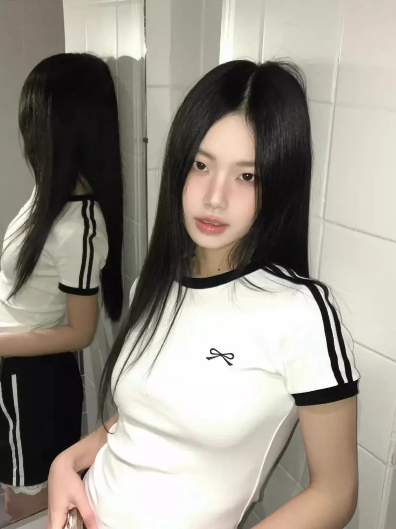 

Contrast Embroidered Bow Crop Top Women Casual Striped Print Short Sleeve Slim White T Shirts Casual Streetwear y2k Tees