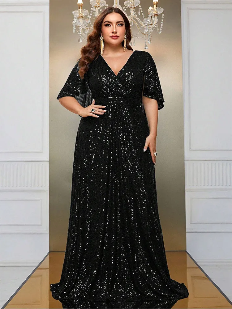 Plus Size 4XL 5XL Sequined Short-Sleeved Loose Floor-Length Dress Custom Color Multi-Color Prom Banquet Evening Dress for Women