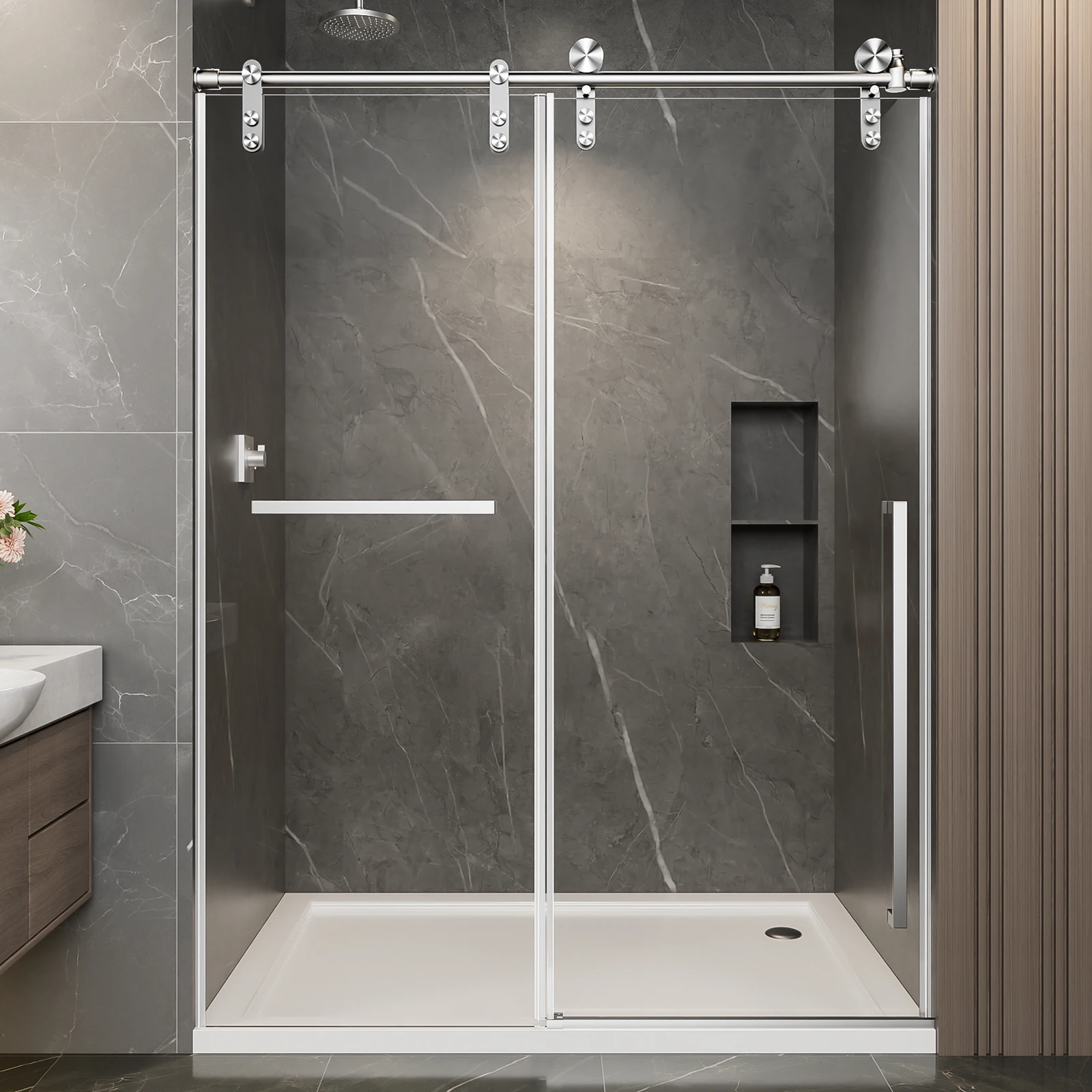 

44"-48" W x 76" H Frameless Sliding Shower Door, Brushed Nickel Shower Screen, 5/16" (8mm) Clear Tempered Glass With Explosion-p