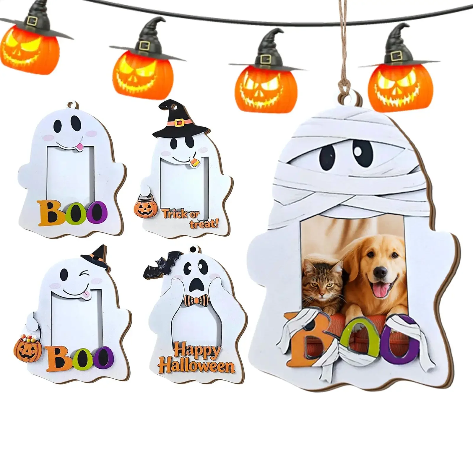 Ghost Shaped Picture Frame 5 Pieces Wooden Halloween Desk Decor Hangable Photo Frame Ornament For Homeowners Renters Home Office