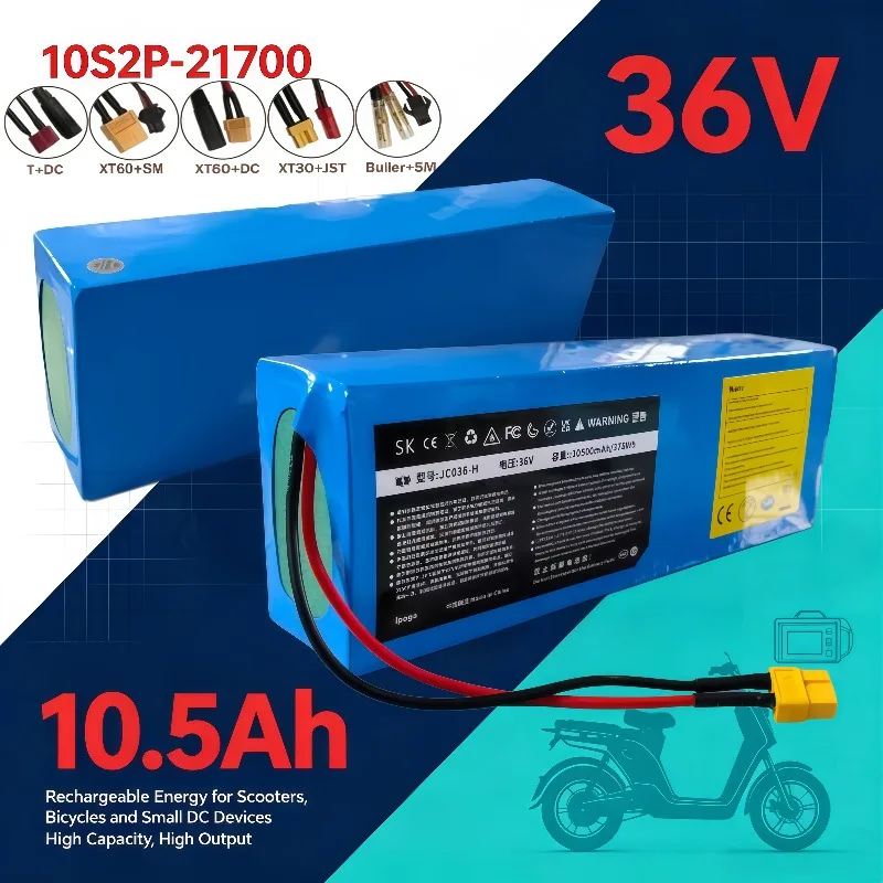21700 Cell 10S2P 36V 10.5Ah Li-ion Storage Battery,5C 750W Power for E Motorcycle, Multiple Connectors