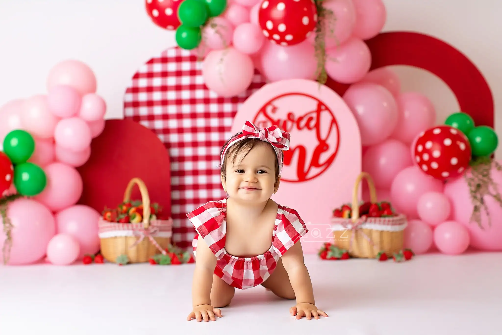 Strawberry Sweet One Red and Pink Backdrop Kids Baby Cake Smash Photography Props Child Girls Adult Birthday Backgrounds