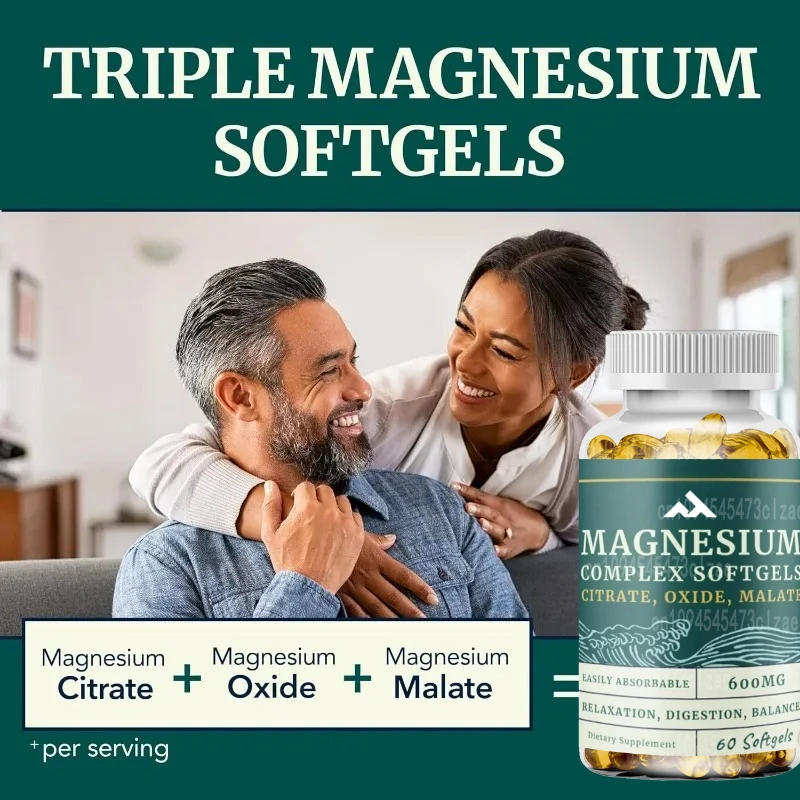 

Triple Magnesium Soft Capsules | Citric Acid, Malic Acid, and Oxide | Highly Absorbent Magnesium Supplement 60 Capsules