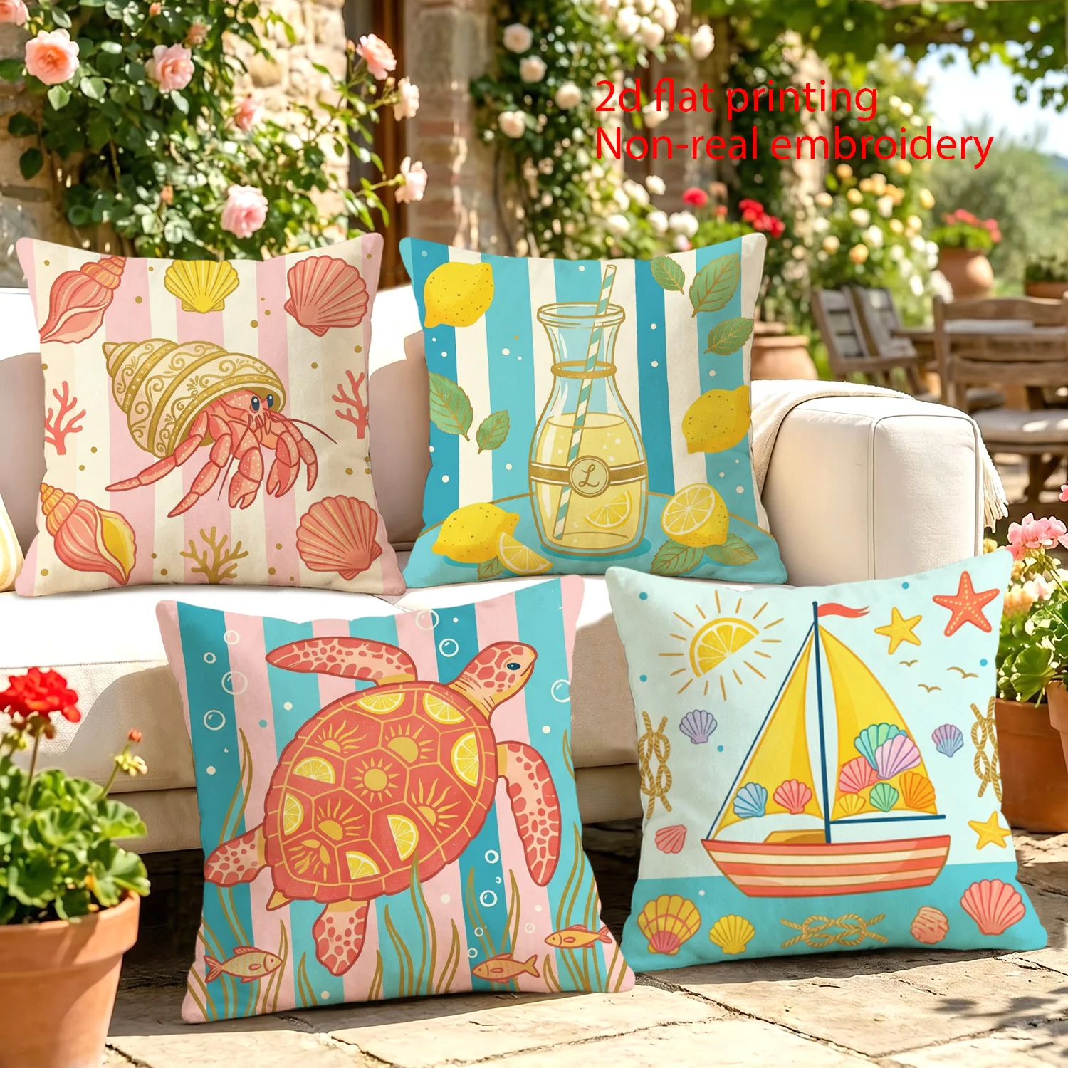 Nautical Beach Vibes Throw Pillow Set - 4PCS Coastal Ocean Life Decor for Sofa Seating Area