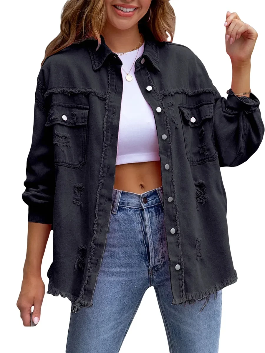 

Women's Fashion Casual Ripped Distressed Denim Jacket Boyfriend Jean Coat Long Sleeve Button Down Trucker Jacket