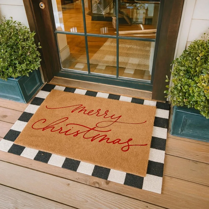 Christmas Cursive Merry Christmas Doormat Buffalo Check Border Print Indoor Floor Rug Entryway Carpet Low‑Profile Area Mat