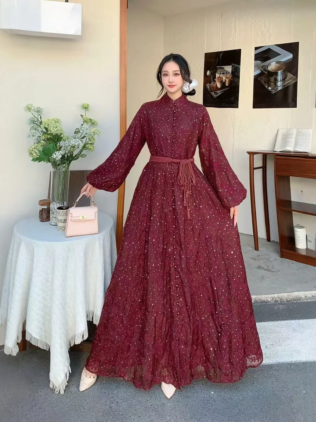 Retro Stand Collar Lace Dress Women Long Sleeve Slimming Long Dress Midi Skirt LQ614 Spring 2026 Ladies Fashion Ethnic Wear