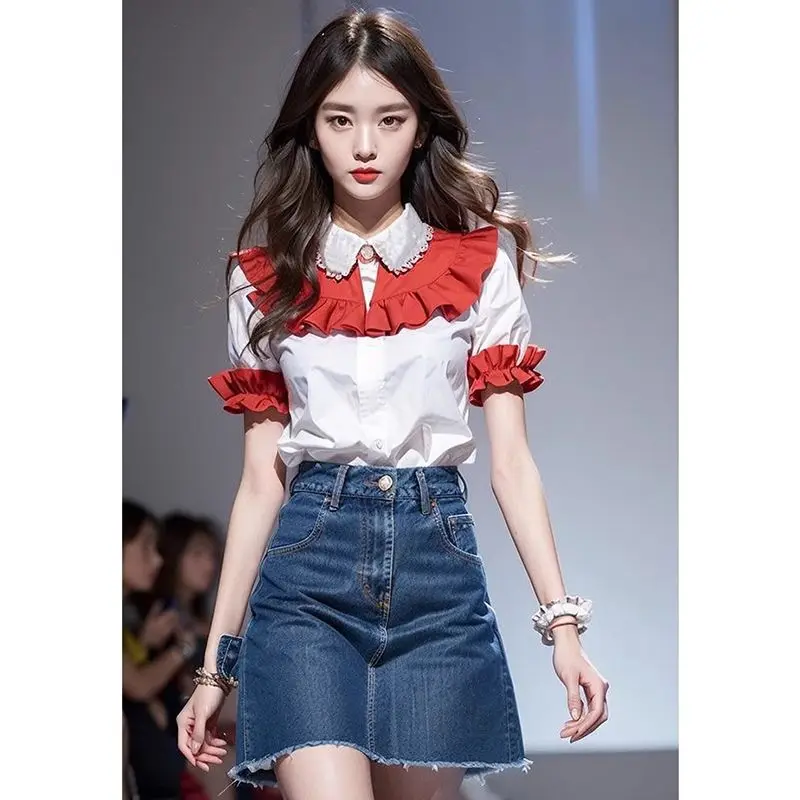 Korea Red White Puff Short Sleeve Top Female Elegant Summer Luxury Vintage Slim Blouse For Women Fashion Peter Pan Collar Shirts