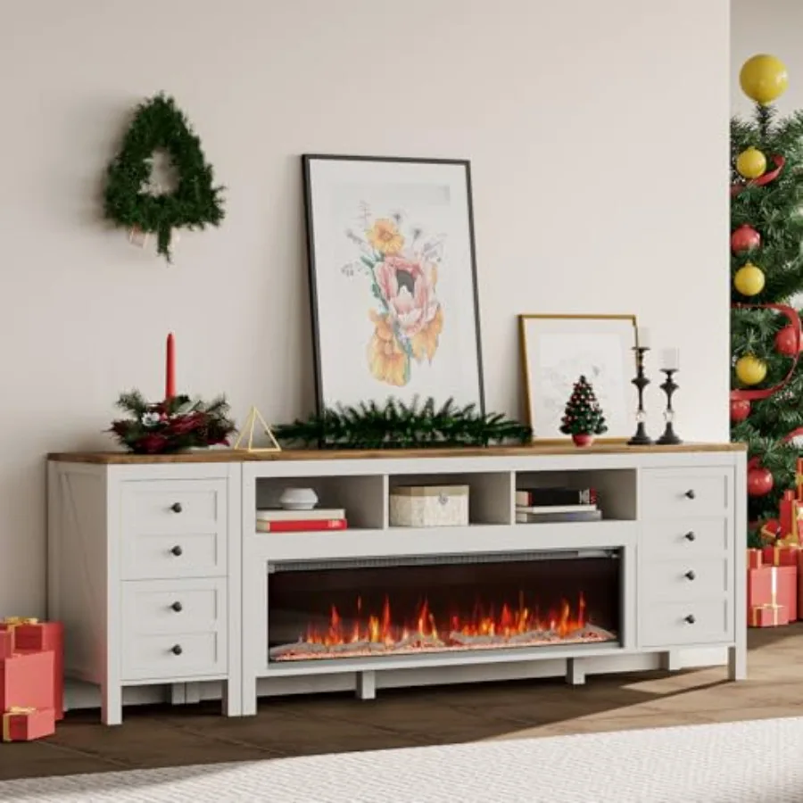 Suporte de TV com lareira de 83 polegadas para TVs de até 95 polegadasCentro de entretenimento moderno com 50 lareiras elétricas Console de TV branco com St