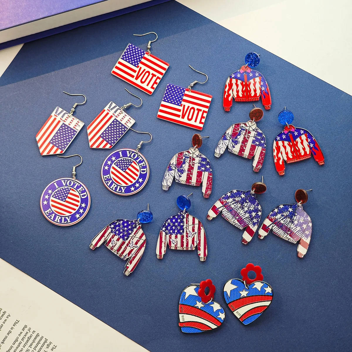 

Fashion Retro Love Flower Pendant American Independence Day Earrings For Woman USA Flag Round Acrylic Jewelry Gifts