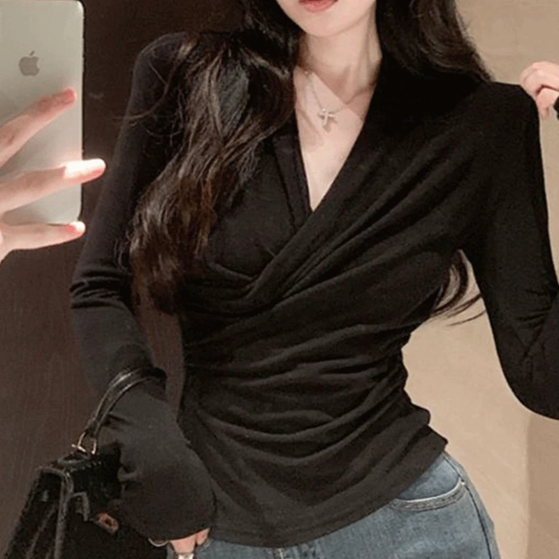 Spring High Waist Sexy Korean Style Retro Women\'s Clothing Casual Solid Color Irregular Folds V Neck Long Sleeve Y2K Chic Tops