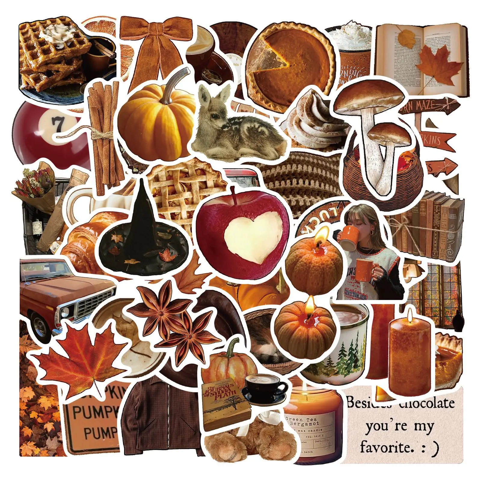 53Pcs Autumn Ins Style Graffiti Stickers Cartoon Brown Tone Decals for DIY Decoration Scrapbook Fridge Phone Bike Gift Decor