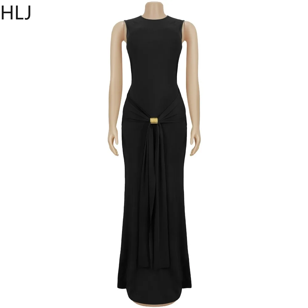 HLJ elegante ruches patchwork bodycon jurken voor vrouw effen kleur mouwloze backless jurk vrouwelijke streetwear vestidos nieuw