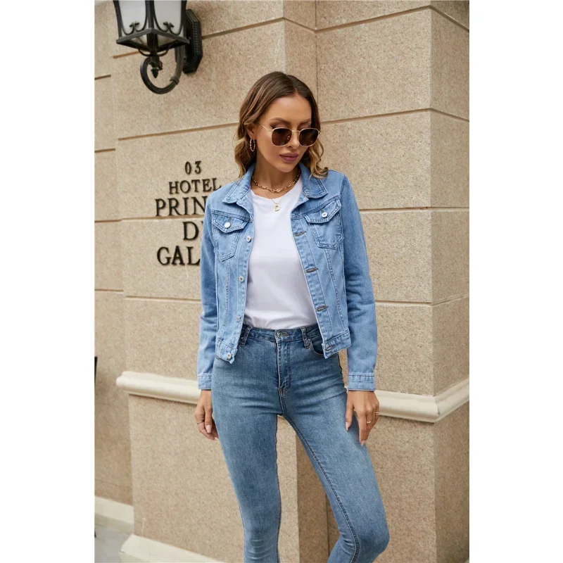 2024 New Women Short Denim Jackets Fashion Female Casual Long Sleeve Lapel Solid Button Pocket Slim Jean Jacket Fall Winter Coat