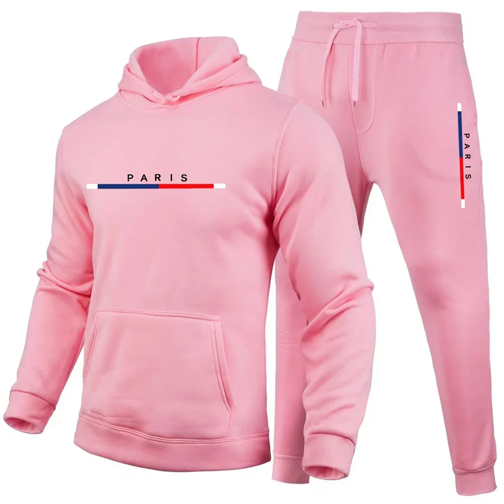 Paris Print, Men\'s 2Pcs Outfits, Casual Hoodies Long Sleeve Pullover Hooded Sweatshirt and Sweatpants Joggers Set for Spring Fal