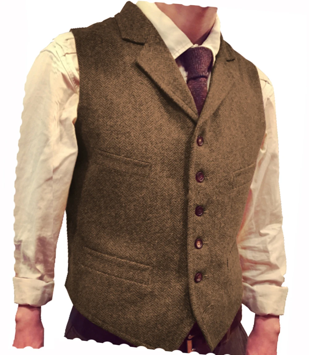 

Men's Vest Male Slim Fit Herringbone Fabric Waistcoat Elegant Tweed Vest for Wedding Groomsmen