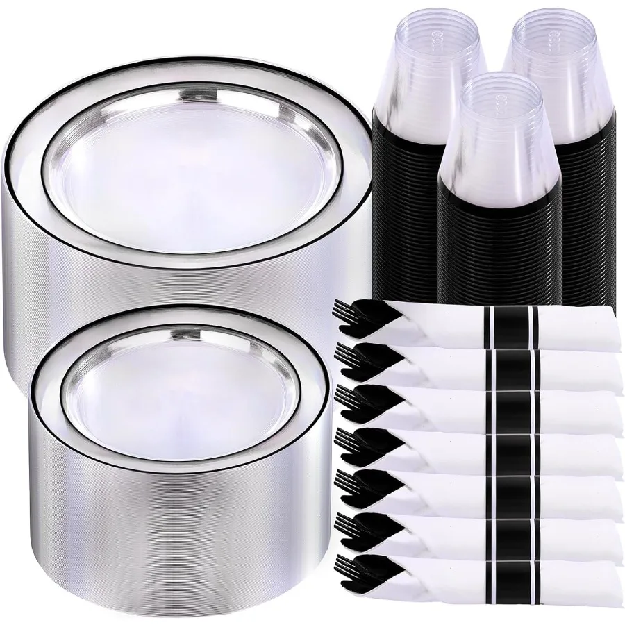 

350 Pcs Black Plastic Dinnerware Set for 50 Guests Include: 50 Dinner Plates 50 Dessert Plates 50 Pre Rolled Napkins with Cutle