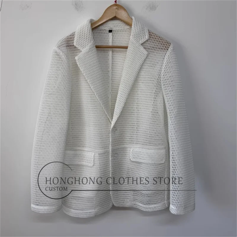Original design of white three-dimensional mesh hollowed-out see-through simple and casual jacket suit