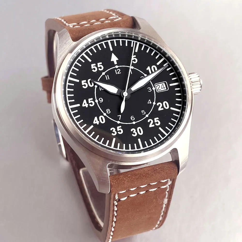 تخصيص Miyota8215 39 مللي متر الرملي حالة الطيار الرجال ساعة ريترو الياقوت الزجاج خمر الهاتفي الأرقام العربية 200 متر مقاوم للماء