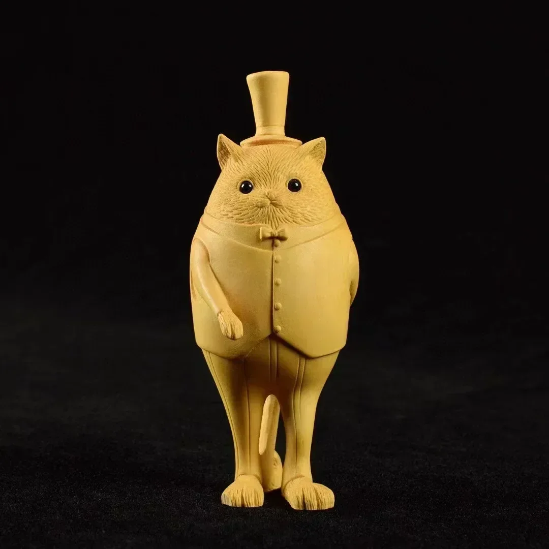 Solid wood Carving Gentleman Cat Ornament Hand carved Cute cartoon cat home living room decoration small model