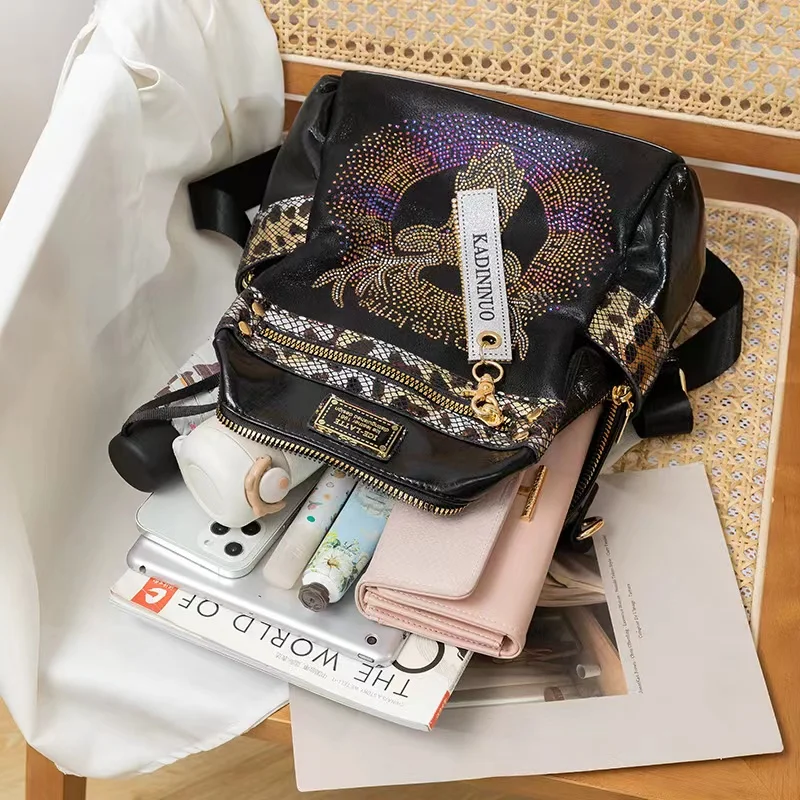Rhinestone Glitter Large Capacity Backpack - Leopard Print Crossbody Bag,Anti-Theft Travel Bag For Women, Stylish Schoolbag